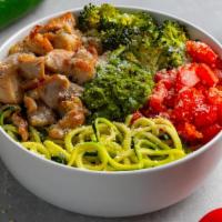 Pesto Parm Bowl · Zoodles, diced chicken, roasted broccoli, roasted tomatoes, parmesan cheese, garlic Italian ...