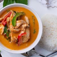  Red Chicken Curry · Gluten free. Consisting of red curry paste cooked in coconut milk with chicken, bell peppers...