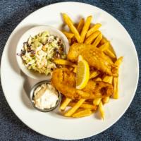 Fish & Chips · Fried fish served with a side of coleslaw with tartar sauce & french fries.