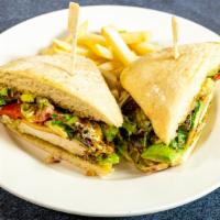 Chicken Ciabatta Sandwich · Basil pesto, gouda cheese, roasted red peppers, mixed green lettuce & avocado. (Grilled or b...