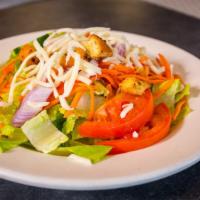 House Salad · Romain, carrots, cucumbers, tomatoes, red onions, mozzarella, croutons.