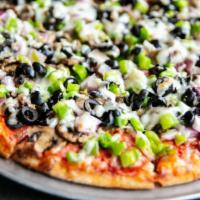 Combo · Sausage, pepperoni, mushrooms, red onions, green peppers, black olives, and extra cheese.