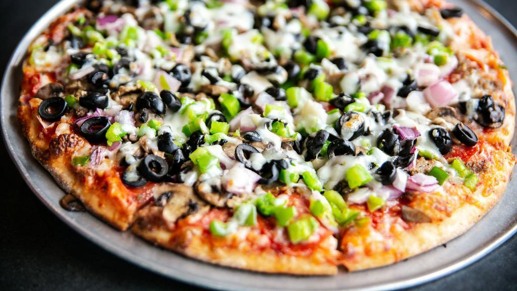 Combo · Sausage, pepperoni, mushrooms, red onions, green peppers, black olives, and extra cheese.