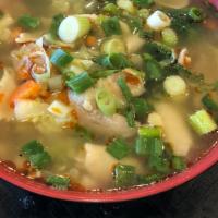 Chicken Vegetable Soup · A scratch made soup with chicken, carrots, celery, yellow onion, green onion, cabbage.