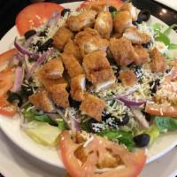 Greek Salad · Mixed greens, feta cheese, Kalamata olives, pepperoncini, red onion, cucumber and garbanzo b...