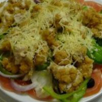 Crispy Crunch Salad · A 2GP original. Moist chicken tenders served over mixed greens with fresh sliced tomatoes, b...