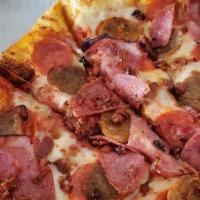 Carnivore (Xl 16 Slices) · Generously topped with mild and spicy Italian sausage, bacon, salami, ham and featuring rose...