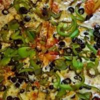 The Green Thumb (Large 12 Slices) · A red sauce pie with five toppings-fresh mushrooms, black olives, sliced tomatoes, green pep...