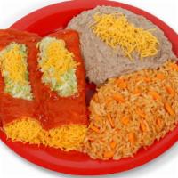 Combo #3 (2 Enchiladas) · Cheese, chicken, beef or ground beef enchiladas with rice and beans.