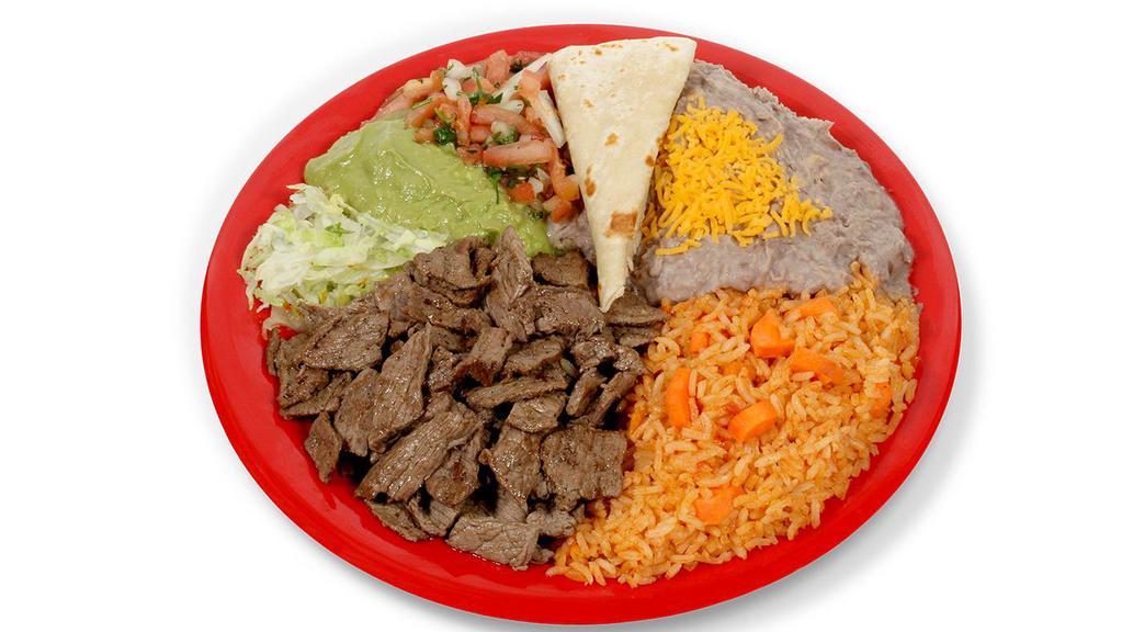 Combo #11 (Carne Asada Plate) · Carne asada (steak) with pico de gallo, guacamole, and lettuce. Comes with tortillas with beans and rice.