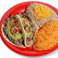 Combo #8 (2 Carne Asada Tacos) · Two carne asada (steak) tacos with guacamole and pico de gallo and rice and beans.