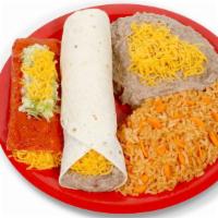 Combo #6 (Bean Burrito & Enchilada) · Cheese, beef, chicken, or ground beef enchilada and bean burrito with rice and beans.