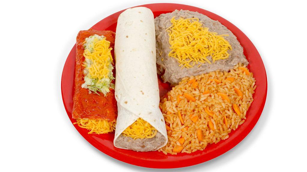 Combo #6 (Bean Burrito & Enchilada) · Cheese, beef, chicken, or ground beef enchilada and bean burrito with rice and beans.