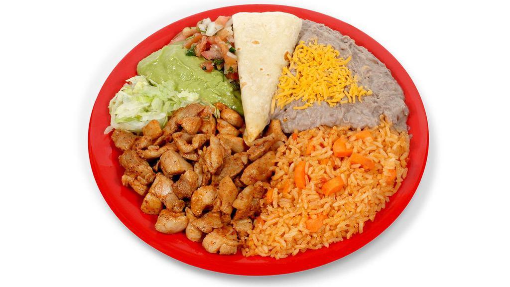 Combo #19 (Grilled Chicken Plate) · Chopped grilled chicken with lettuce, pico de gallo, guacamole and tortillas on the side with rice and beans.