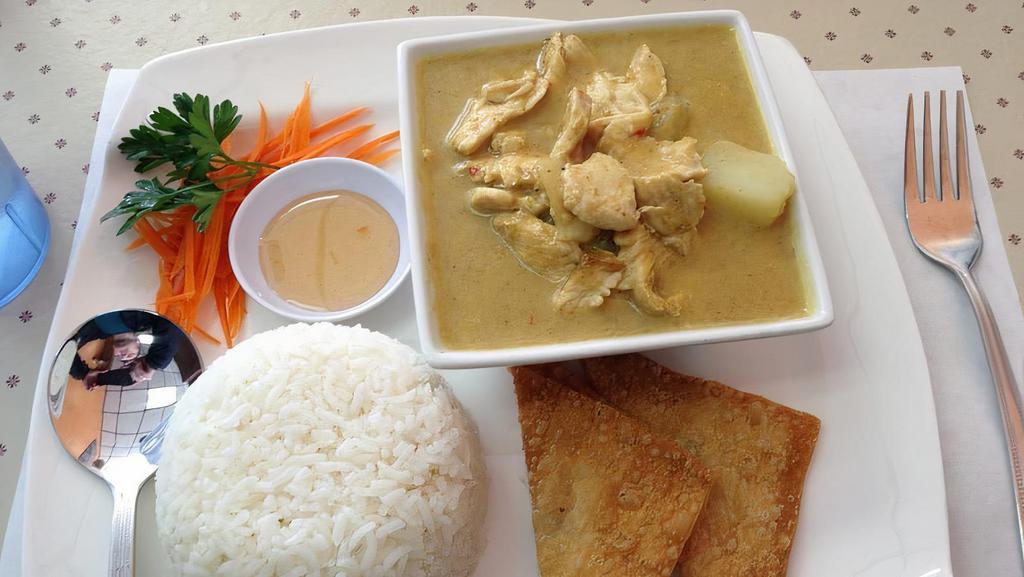 Yellow Curry · Starts at mild spicy level. Richer and creamier than other curries and naturally milder than  green curry. Made with coconut milk, potatoes, onions, carrots, and enriching Thai spices.  Served with Jasmine rice