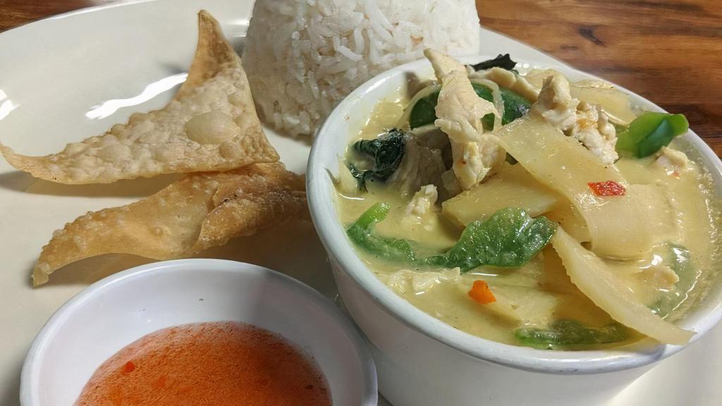 Green Curry · Starts at medium spicy level. One of the most famous curry dishes in Thailand. Made with  coconut milk, bamboo shoots, bell peppers, basil, and amazing Thai spices.  Served with Jasmine rice