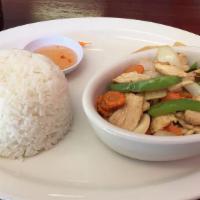 Pad Ka Prow · Sliced protein choice and stir fried in freshly diced Thai chili, garlic, carrots, bell pepp...