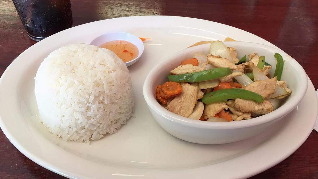 Pad Ka Prow · Sliced protein choice and stir fried in freshly diced Thai chili, garlic, carrots, bell peppers,  onions, basil, and traditional sauces.   Served with Jasmine rice