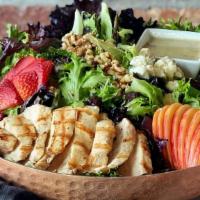 The  West End · Mixed Greens, Apple, Strawberry Red Onion, Blue Cheese Crumble, Toasted Walnut White Balsami...