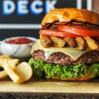 *House Burger · 8oz Beef Patty, Spicy Pickle Fries, Sharp White Cheddar, Lettuce, Tomato.