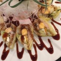 Mt. Fuji Special Roll · Shrimp, crab, eel tempura, lettuce & cucumber with chef's spicy mayo sauce wrapped with soy ...