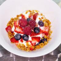Yogurt Parfait · Plain greek yogurt, granola, seasonal fresh fruit with a honey drizzle