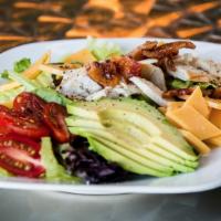 Club Salad · Hand carved ham, roasted turkey, bacon, avocado, tomato, cheddar cheese, lettuce and ranch