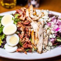 Stellas Cobb Salad · Gluten free. Organic spring mixed lettuce, tomatoes, hard boiled egg, bacon pieces, grilled ...