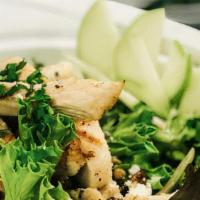 Apple Chicken Salad · Organic spring mixed lettuce, caramelized pecans, apples,cranberries, blue cheese and grille...
