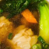 Hongkong Style Wonton Soup · Hongkong style hand made shrimp & pork juicy wonton (8) in chicken Broth with vegetable.