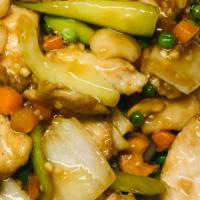 Chicken & Cashew Nuts · White meat chicken meat stired fried with mix seasonal vegetable and Cashow Nut.no spicy.