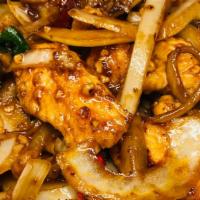Mongolian Chicken · sliced white meat chicken stire-fried with mongolian sauce with sweet onion & green onion 
m...