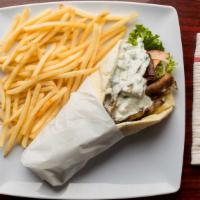 Beef Gyro Sandwich Combo · Grilled, seasoned beef strips and a side.
