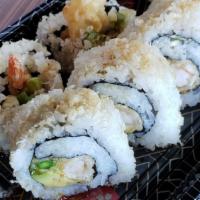 Crunch Roll (5Pc) · Tempura shrimp, asparagus, and avocado, topped with tempura flakes and unagi sauce.