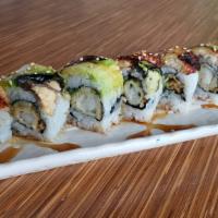 Dragon Roll (8Pc) · Tempura shrimp and cucumber topped with avocado and broiled eel.