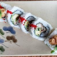 Spider Roll (5Pc) · Soft-shell crab, cucumber, radish sprouts, avocado, tobiko, and house sauce.