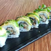 Caterpillar Roll (8Pc) · Unagi and cucumber roll, wrapped with a layer of avocado, sesame seeds, and unagi sauce.