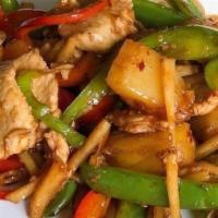 Spicy Pineapple Stir Fry* · Hot. Meat, pineapple, bell peppers, and bamboo shoots in a spicy garlic sauce. Served with s...