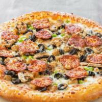 Combo · Pepperoni, Italian sausage, onion, green pepper, mushrooms and black olives.