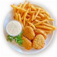 Chicken Nuggets W/Fries · Freshly fried  chicken nuggets with our house fries. 
Served with your choice of sauces.  Ad...