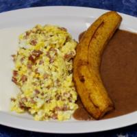 #7. Jamón Con Huevo · Ham scrambled with eggs. Served with refried red beans, deep fried ripe plantain, sour cream...