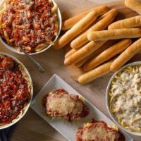 Ultimate Sampler Family Meal · Family Size Fettuccine Alfredo, Family Size Spaghetti with Meatballs, Family Size Baked Lasa...