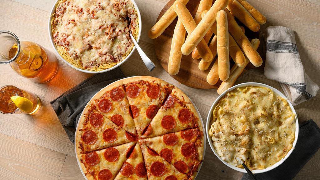 Baked Super Family Meal · Family Size Baked Fettuccine, Family Size Baked Spaghetti, Whole Pizza (Cheese or Pepperoni), Half-Gallon Tea or Lemonade.. Served with 16 Signature Garlic Breadsticks.