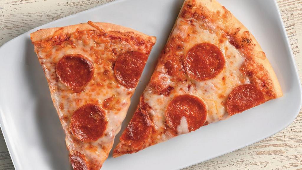 Pepperoni Pizza, Double Slice · 2 Slices of Pizza Topped with Fazoli's Pizza Sauce, Pepperoni and a blend of Mozzarella and Provolone Cheeses.. Includes 2 of our Signature Garlic Breadsticks