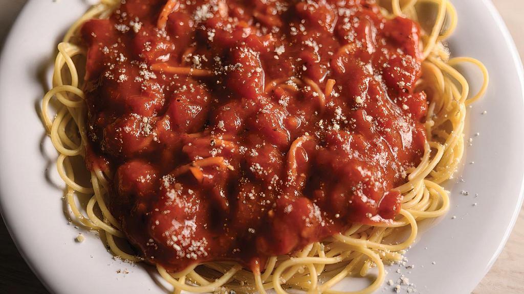 Small Spaghetti With Marinara Sauce · Spaghetti cooked al dente topped with marinara. sauce made with vine-ripened tomatoes, garlic, basil, and oregano.  Dusted with Parmesan cheese.. Includes 2 of our Signature Garlic Breadsticks.