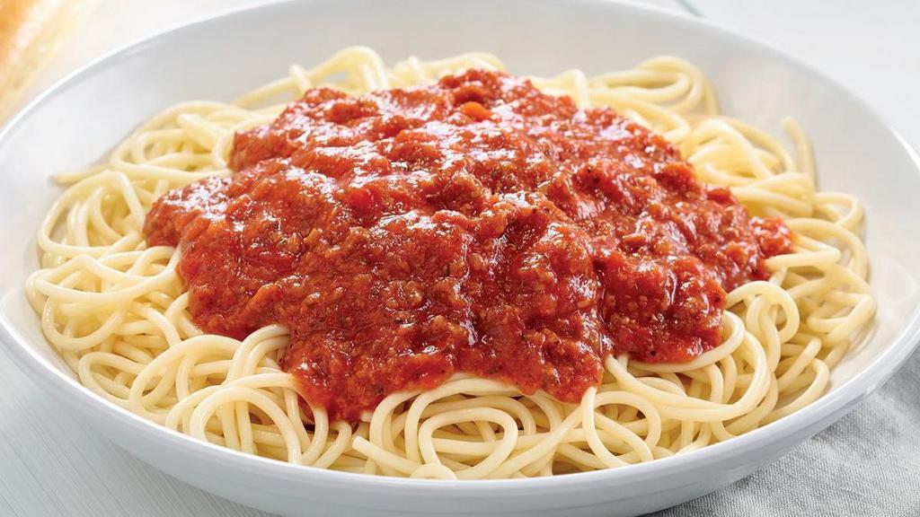 Spaghetti With Meat Sauce · Spaghetti topped with meat sauce made with. ground beef, vine-ripened tomatoes, and Italian seasonings.  Dusted with. Parmesan cheese.. Includes 2 of our Signature Garlic Breadsticks