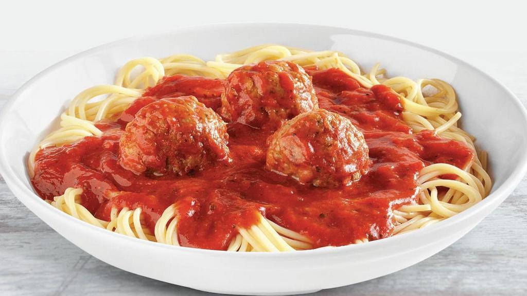 Spaghetti With Meatballs · Spaghetti topped with marinara sauce made with. vine-ripened tomatoes and three beef and pork meatballs.  Dusted with Parmesan cheese and Italian herbs.. Includes 2 of our Signature Garlic Breadsticks