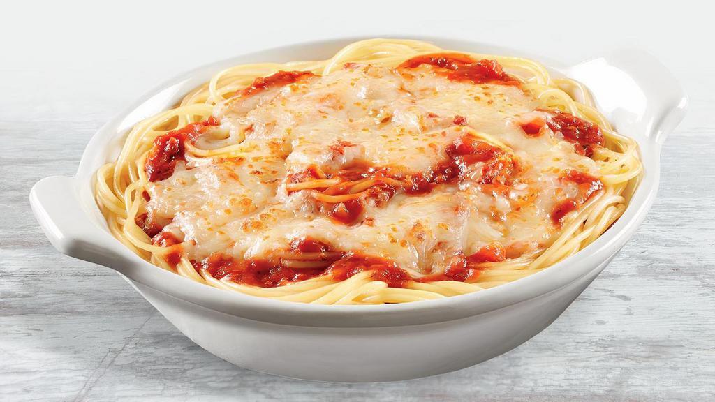 Baked Spaghetti · Spaghetti with Marinara Sauce loaded with Mozzarella Cheese and baked to a golden, bubbly perfection.. Includes 2 of our Signature Garlic Breadsticks. If you're looking to add an additional side or toppings, please visit the Sides/Extras section of the menu.