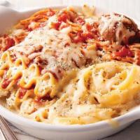 Oven-Baked Classic Sampler · Fettuccine Alfredo, Lasagna with Meat Sauce, Spaghetti and Meatball baked with Mozzarella & ...