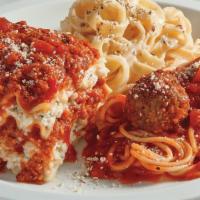 Classic Sampler · Fettuccine Alfredo, Lasagna with Meat Sauce and Spaghetti and Meatball.. Includes 2 of our S...